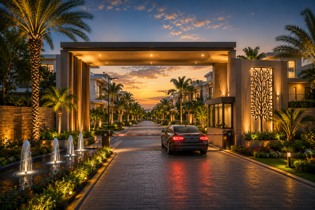 Premium gated community by TerraWoods Realty featuring elegant villas, landscaped roads, secure entrance, green spaces, and modern lifestyle amenities designed for comfortable family living.